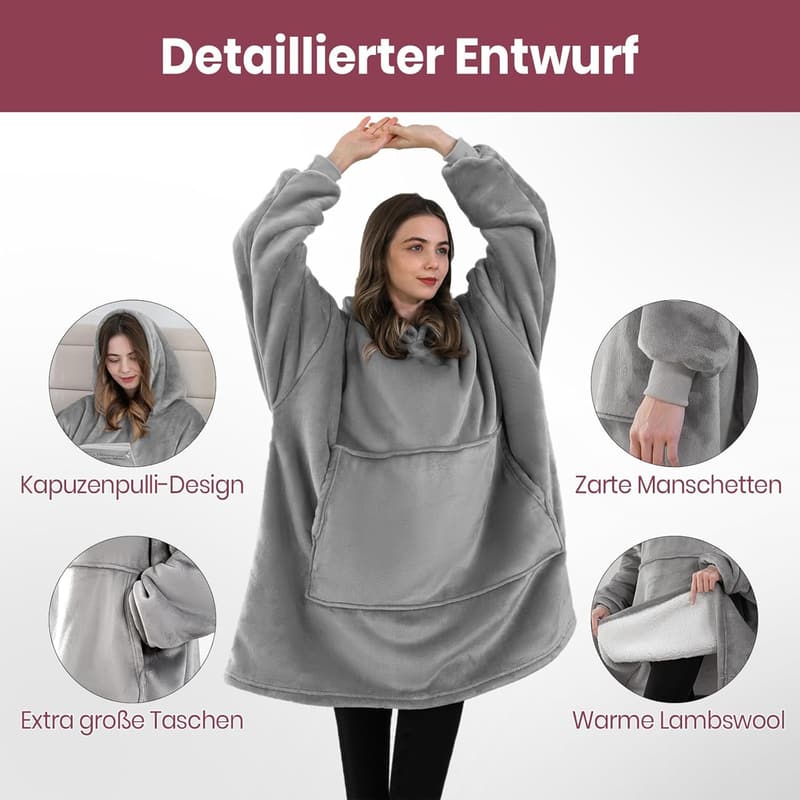 Übergroßer Hoodie-Decke mit Ärmeln für Damen und Herren in Grau