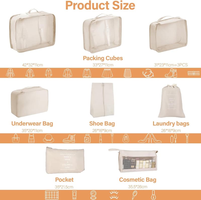 Reise Organizer Set – 10-teiliges Packwürfel Set in Beige