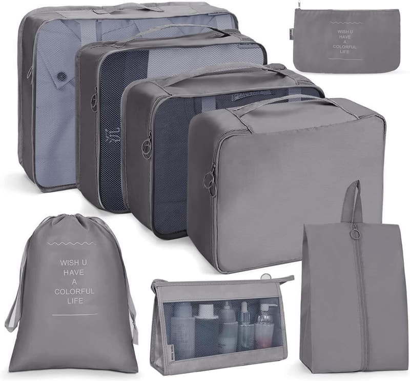 Reise Koffer Organizer Set 8-teilig mit Packwürfeln und Kosmetiktasche