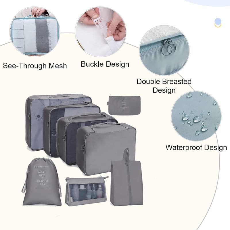 Reise Koffer Organizer Set 8-teilig mit Packwürfeln und Kosmetiktasche