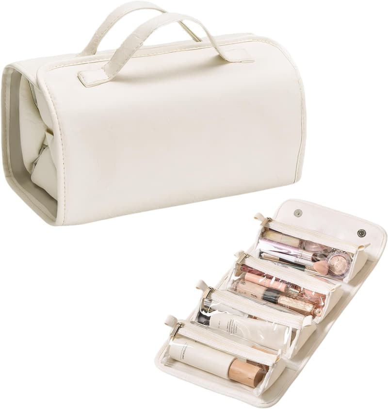Faltbarer Kosmetik-Organizer für Damen, wasserdicht, 4 Fächer, Perlweiß
