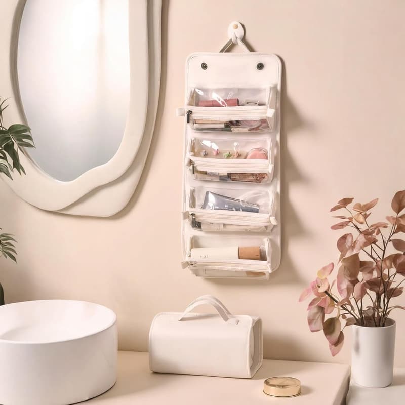 Faltbarer Kosmetik-Organizer für Damen, wasserdicht, 4 Fächer, Perlweiß