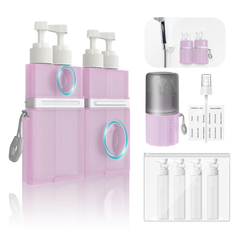 Reiseflaschen Set 4in1, TSA-genehmigte auslaufsichere Behälter für Shampoo und Conditioner - Rosa