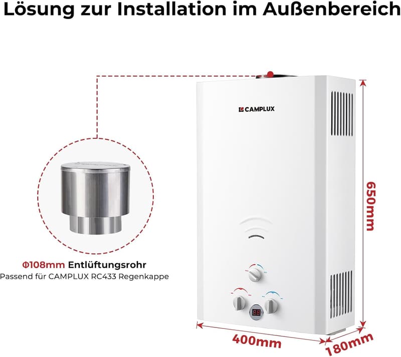 Gasdurchlauferhitzer 16L für Campingdusche und Wohnmobil, propan/butan
