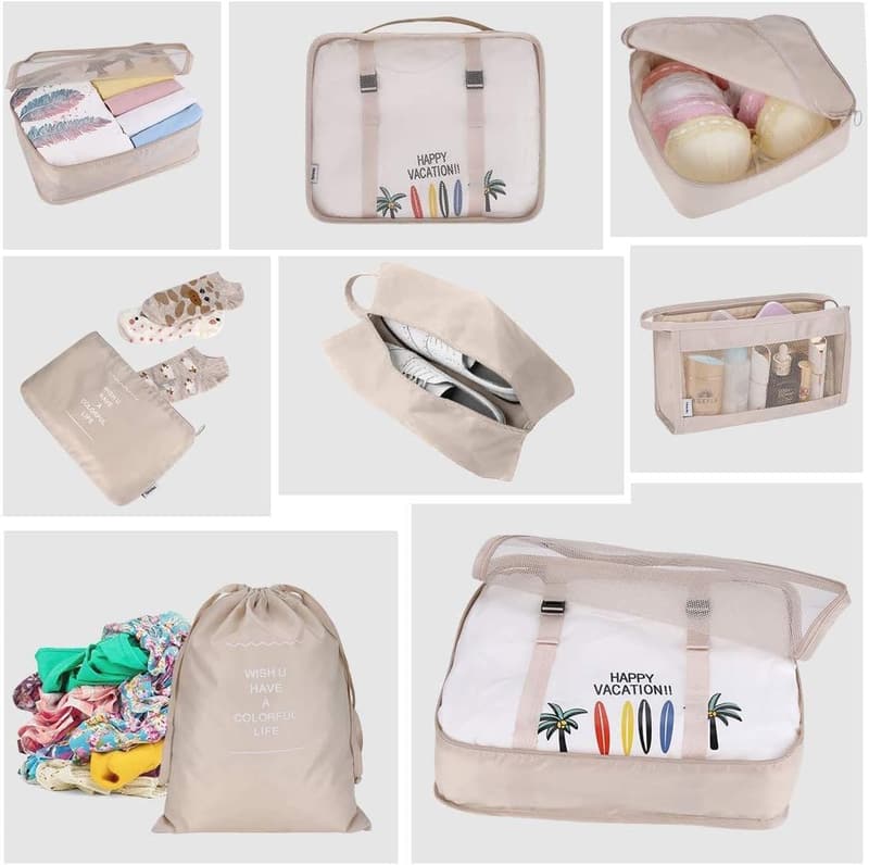 Faltbare Reise-Verpackungswürfel 8-teiliges Set (Beige)