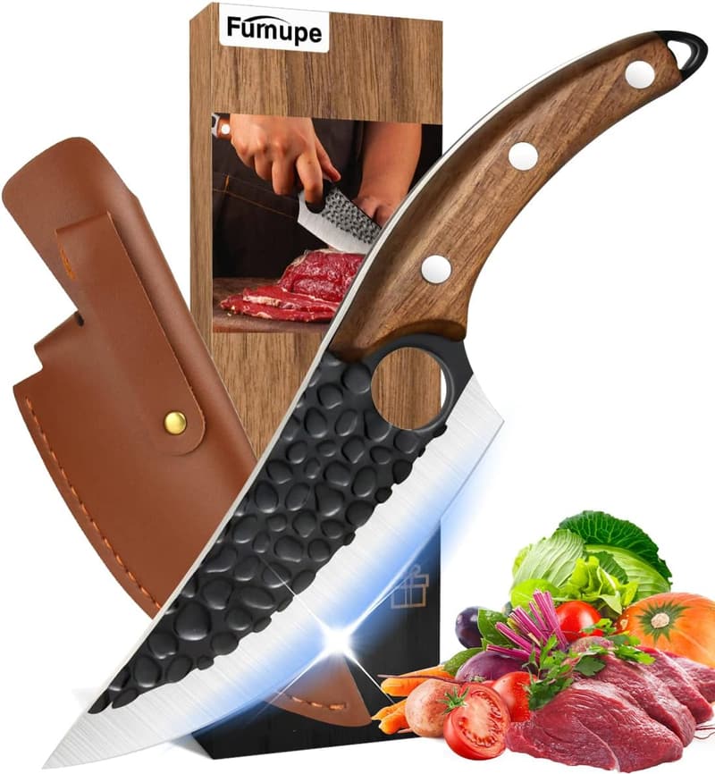 Handgeschmiedetes Universalmesser im Damast-Stil mit Lederholster
