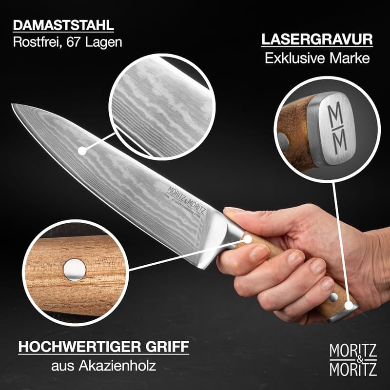 Profi Kochmesser aus 67 Lagen Damaststahl mit ergonomischem Akazienholzgriff