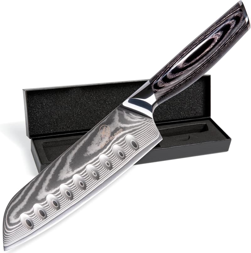 Wolfblood PRO Santoku-Messer 31 cm aus 67 Lagen Damaststahl mit Holzgriff