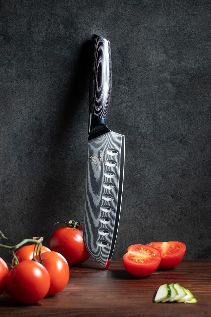 Wolfblood PRO Santoku-Messer 31 cm aus 67 Lagen Damaststahl mit Holzgriff