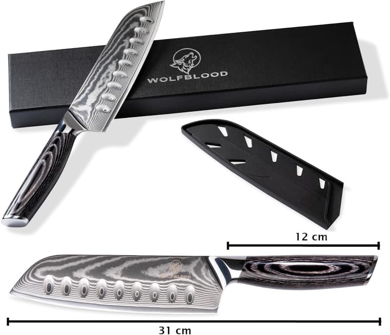 Wolfblood PRO Santoku-Messer 31 cm aus 67 Lagen Damaststahl mit Holzgriff