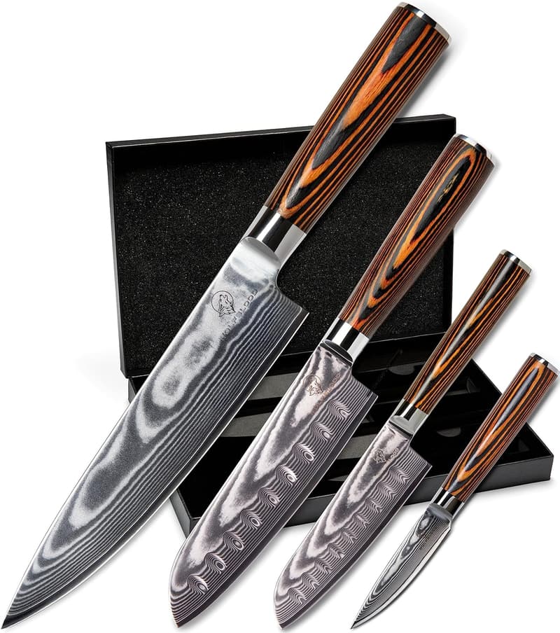 Profi Damastmesser-Set 4-teilig aus 67 Lagen Damaststahl mit Geschenkbox
