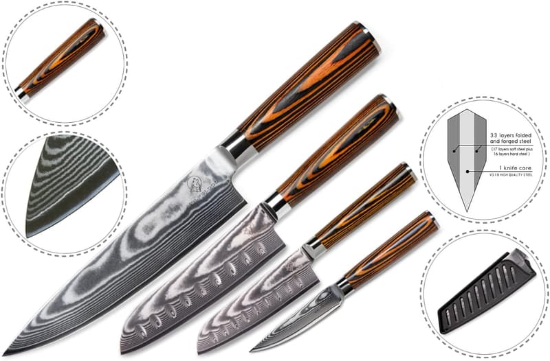 Profi Damastmesser-Set 4-teilig aus 67 Lagen Damaststahl mit Geschenkbox