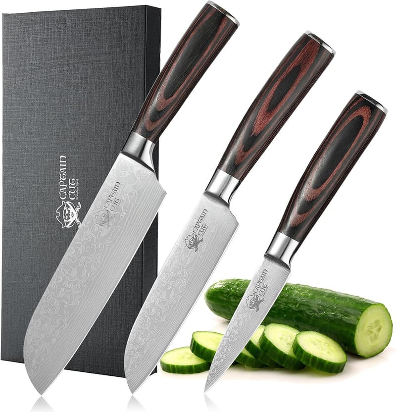 3-teiliges Küchenmesser-Set aus Damaststahl in Geschenkbox