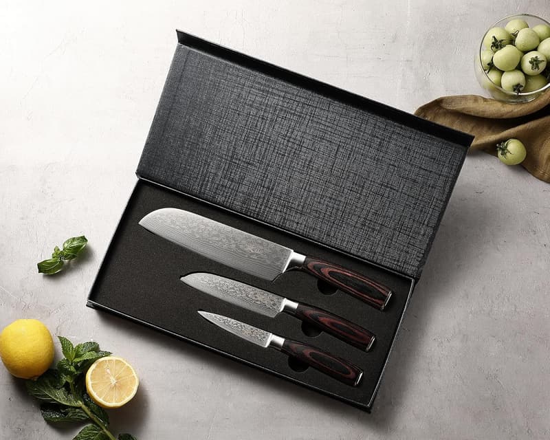 3-teiliges Küchenmesser-Set aus Damaststahl in Geschenkbox