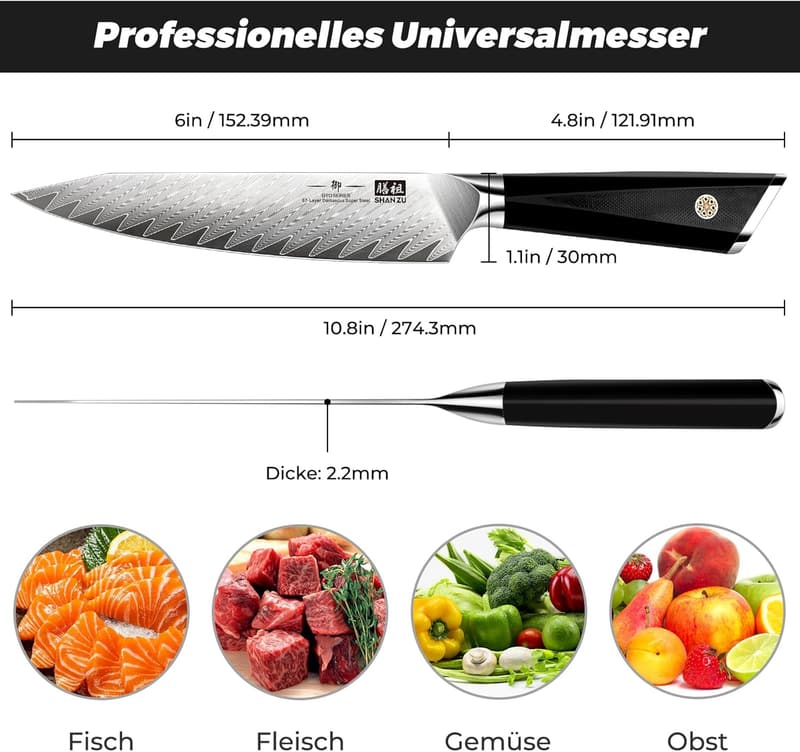 Damast Küchenmesser 15 cm, 67 Schichten, G10 Griff, Profi Allzweckmesser