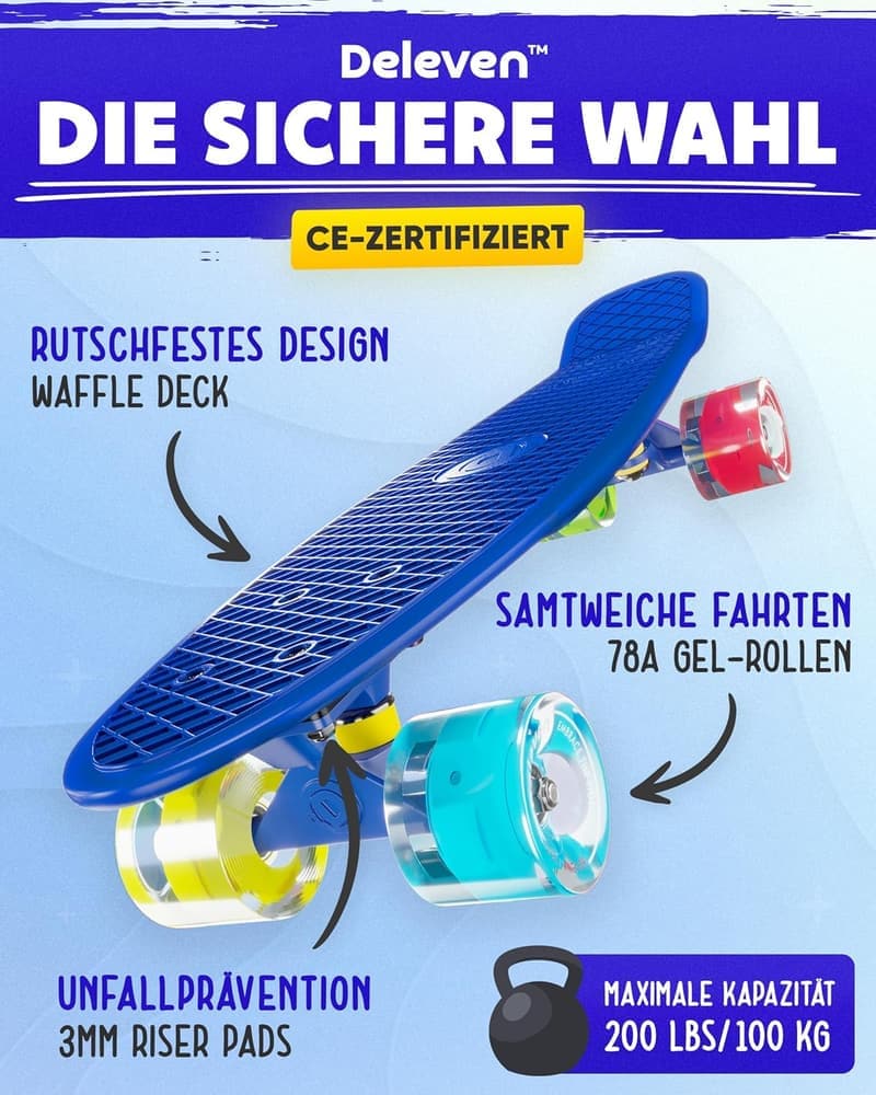 Deleven Skateboard mit LED-Rollen und ABEC 7 Lagern – 56 cm für Anfänger