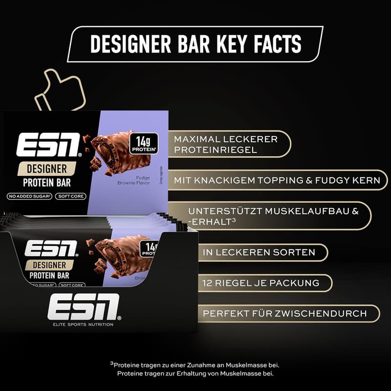 ESN Designer Bar Fudge Brownie, 12 x 45 g, proteinreicher Snack