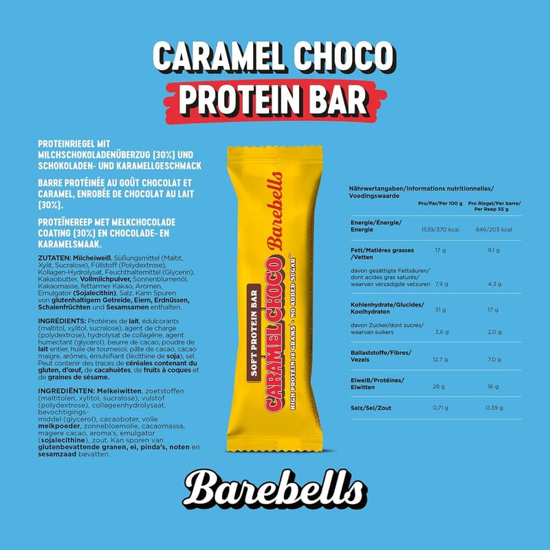 Barebells Caramel Choco Proteinriegel – 16g, Zuckerarm, palmölfrei, 12er Pack