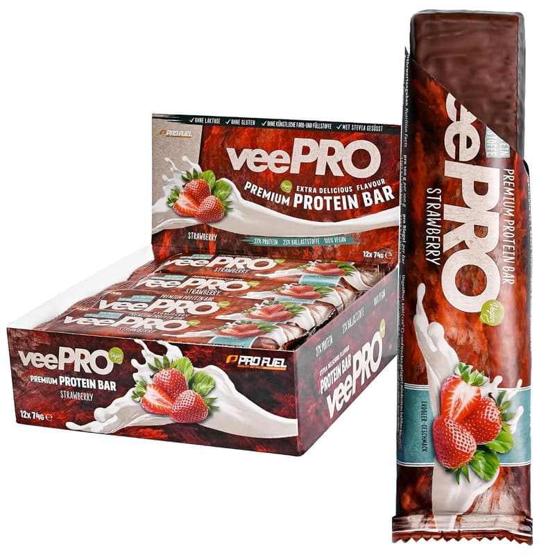 Vegane Proteinriegel Erdbeere 12x74g - 20g Eiweiß, glutenfrei, low carb