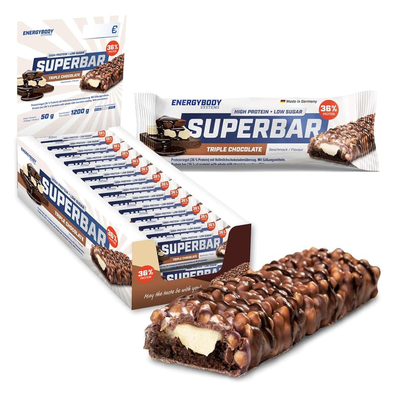 Energybody Superbar Proteinriegel Triple Chocolate, 36% Eiweiß, 2g Zucker, 24x50g