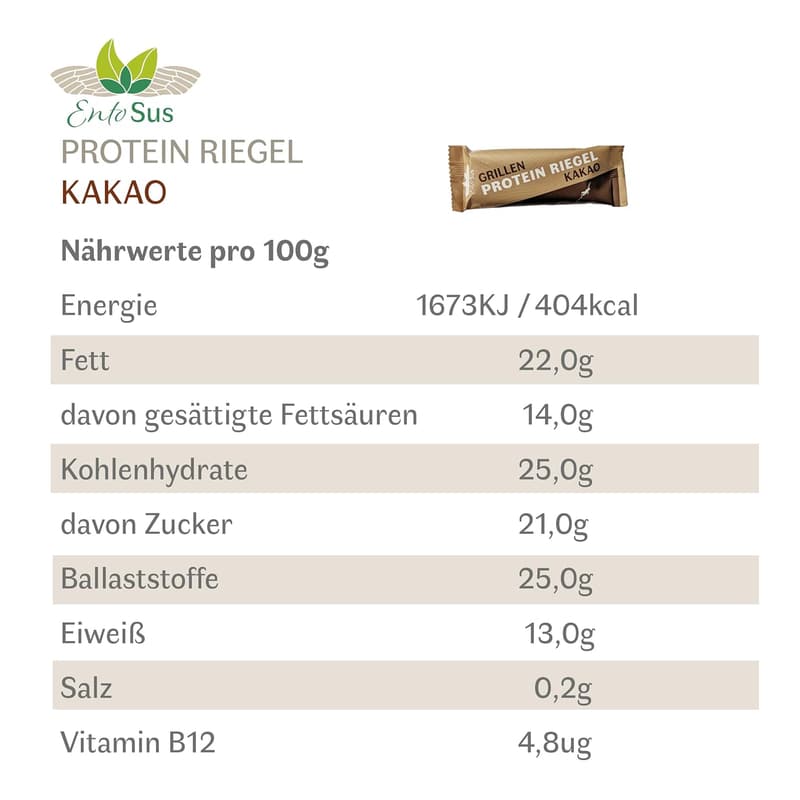 EntoSus - Proteinriegel mit Vitamin B12, 15x35g Kakao Snacks
