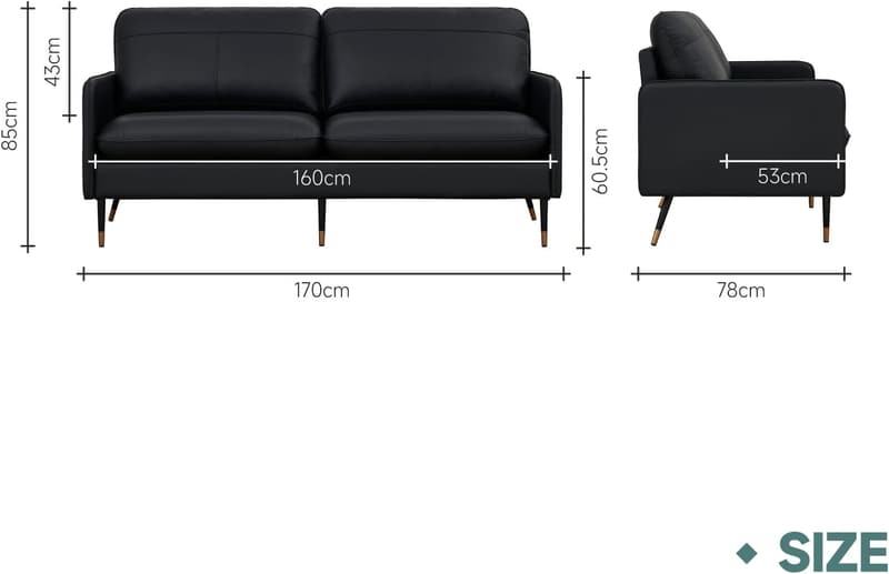 Moderne Leder-Couch 2/3 Sitzer für Wohnzimmer und Büro, Schwarz
