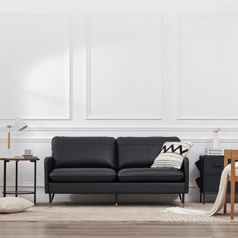 Moderne Leder-Couch 2/3 Sitzer für Wohnzimmer und Büro, Schwarz