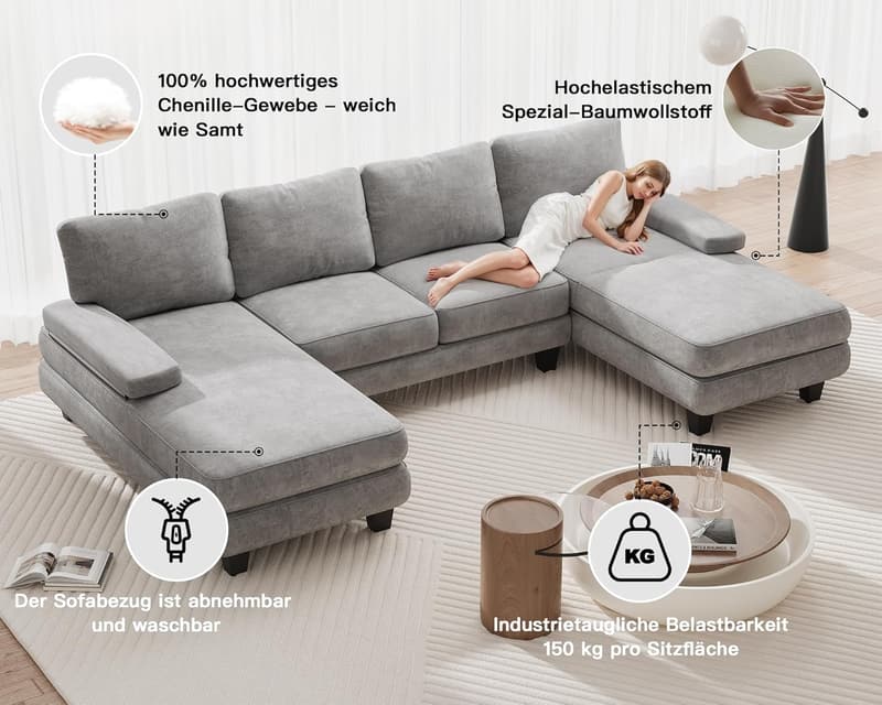 U-Form Sofa mit Schlaffunktion und abnehmbarem Bezug, grau