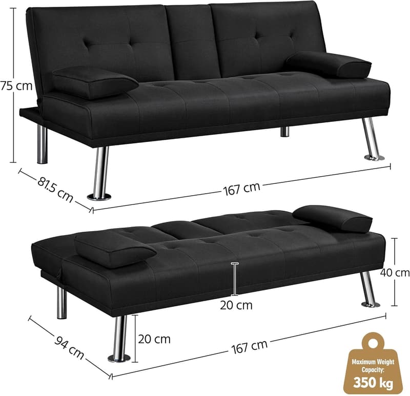 Klappbares Schlafsofa mit Schlaffunktion, 167 cm, Schwarz