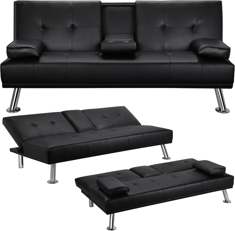 Schwarz Kunstleder Schlafsofa mit Neigbarer Rückenlehne und Tassenhalter
