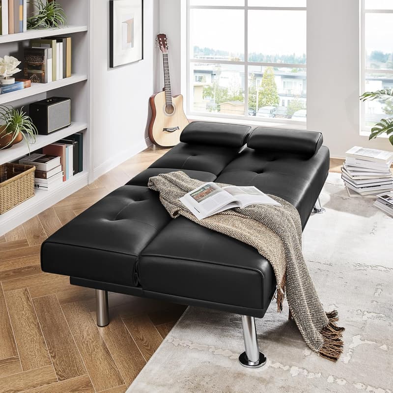 Schwarz Kunstleder Schlafsofa mit Neigbarer Rückenlehne und Tassenhalter