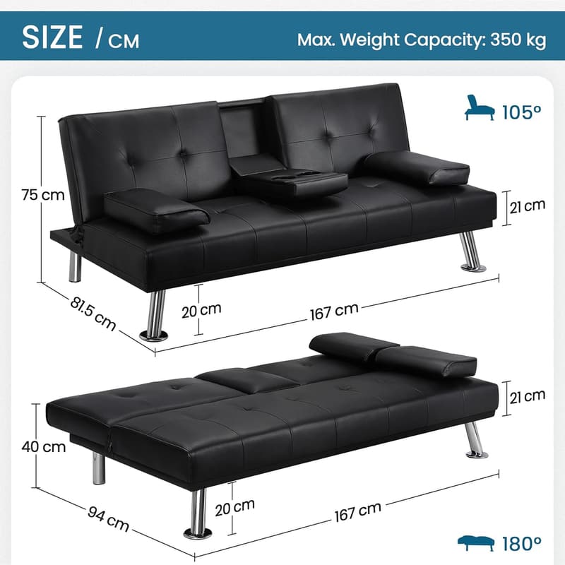 Schwarz Kunstleder Schlafsofa mit Neigbarer Rückenlehne und Tassenhalter