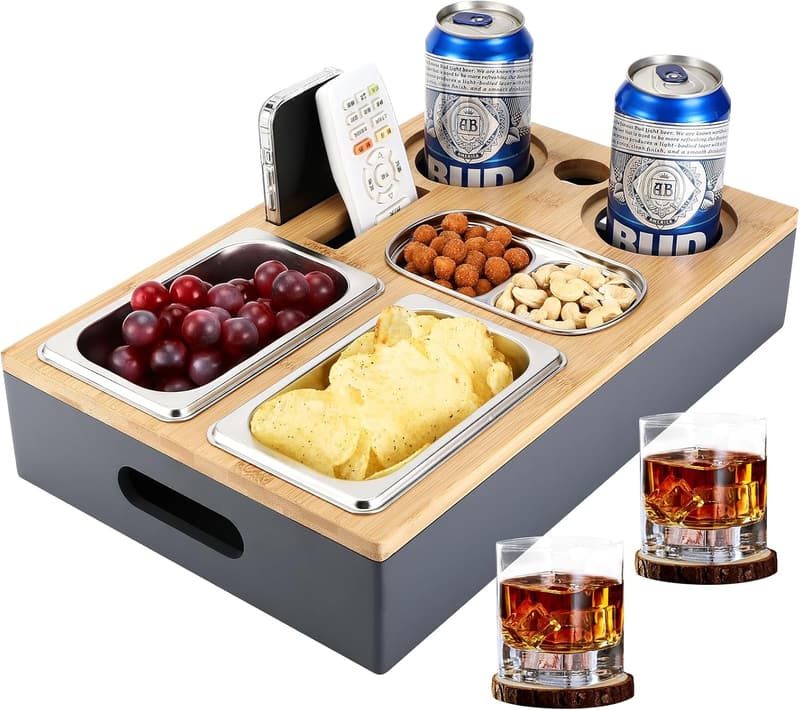 Snackbox für Couch mit Edelstahl-Schalen und abnehmbarem Deckel