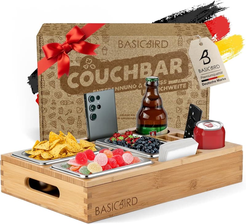 Snackbox für Couch mit 3 Snackschalen und Getränkehalter aus Holz