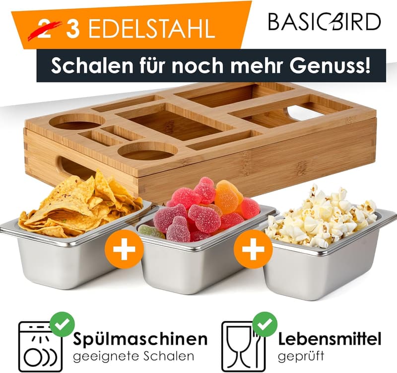 Snackbox für Couch mit 3 Snackschalen und Getränkehalter aus Holz