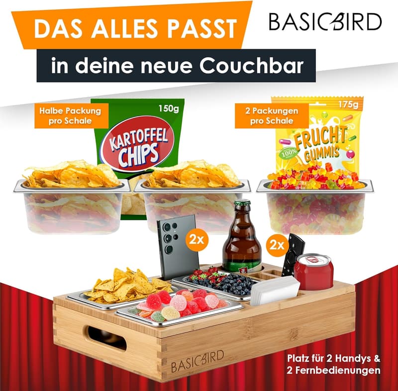 Snackbox für Couch mit 3 Snackschalen und Getränkehalter aus Holz
