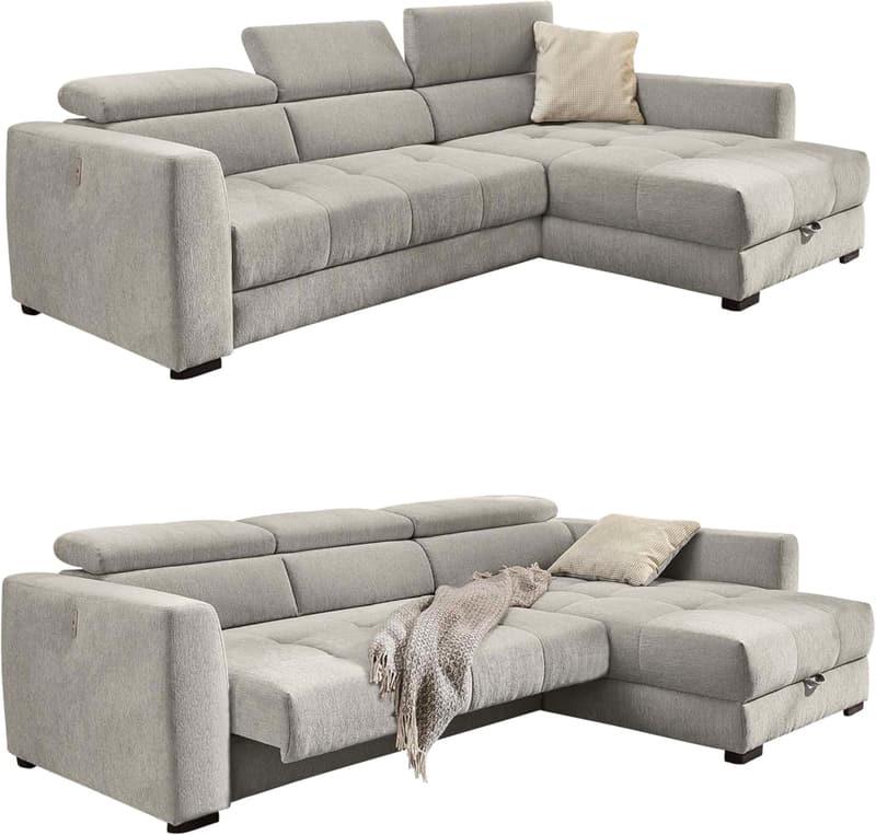 Ecksofa 300x196 cm grau mit elektrischer Sitztiefenverstellung und USB Ladefunktion