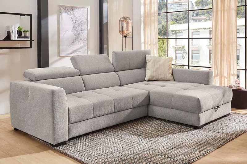 Ecksofa 300x196 cm grau mit elektrischer Sitztiefenverstellung und USB Ladefunktion