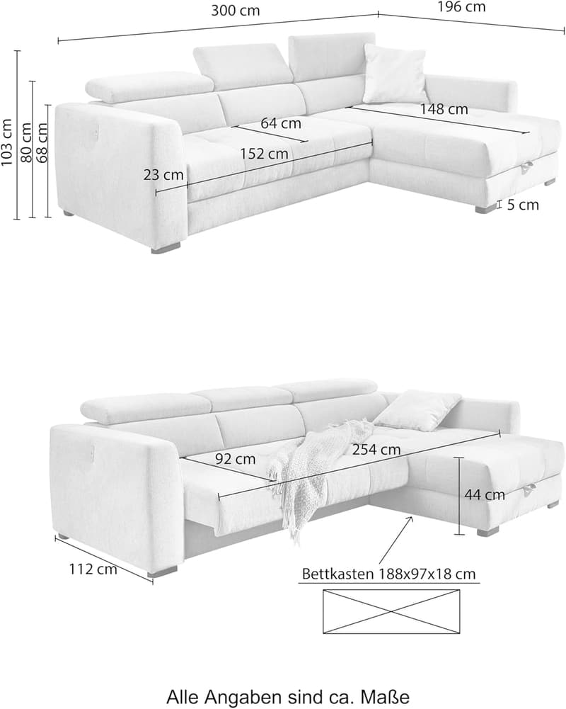 Ecksofa 300x196 cm grau mit elektrischer Sitztiefenverstellung und USB Ladefunktion