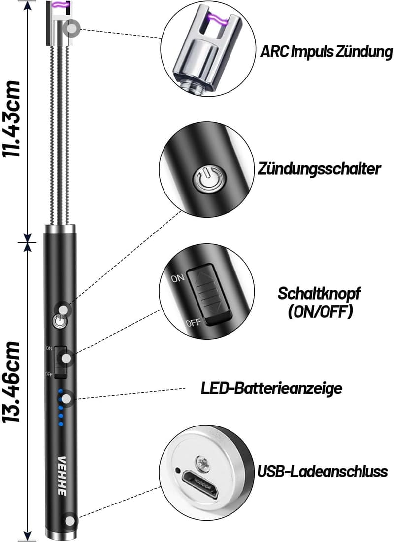 VEHHE Elektrisches USB Feuerzeug mit LED-Display für Küche und Grill