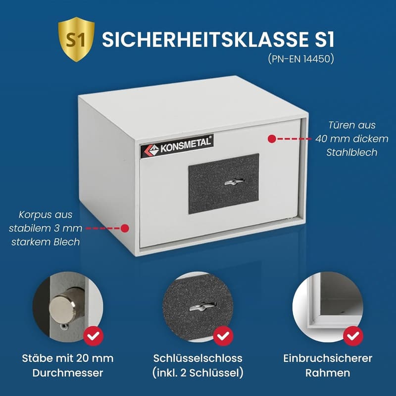 Konsmetall Kolibri 2.0 Möbeltresor S1, abschließbar, lichtgrau, 43,2 x 37,3 x 35,3 cm
