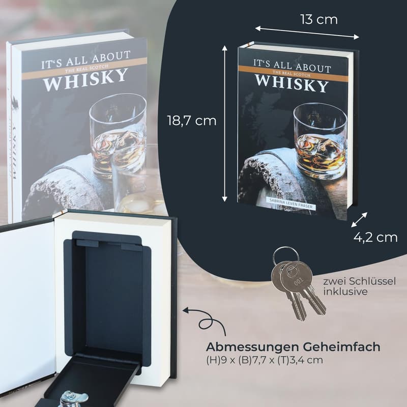 Buchsafe Whisky, getarnte Geldkassette mit echten Seiten, 18,7 x 13 cm