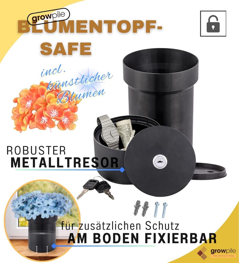 Blumentopf-Safe als Geld- und Schlüsselversteck mit Kunstblumen