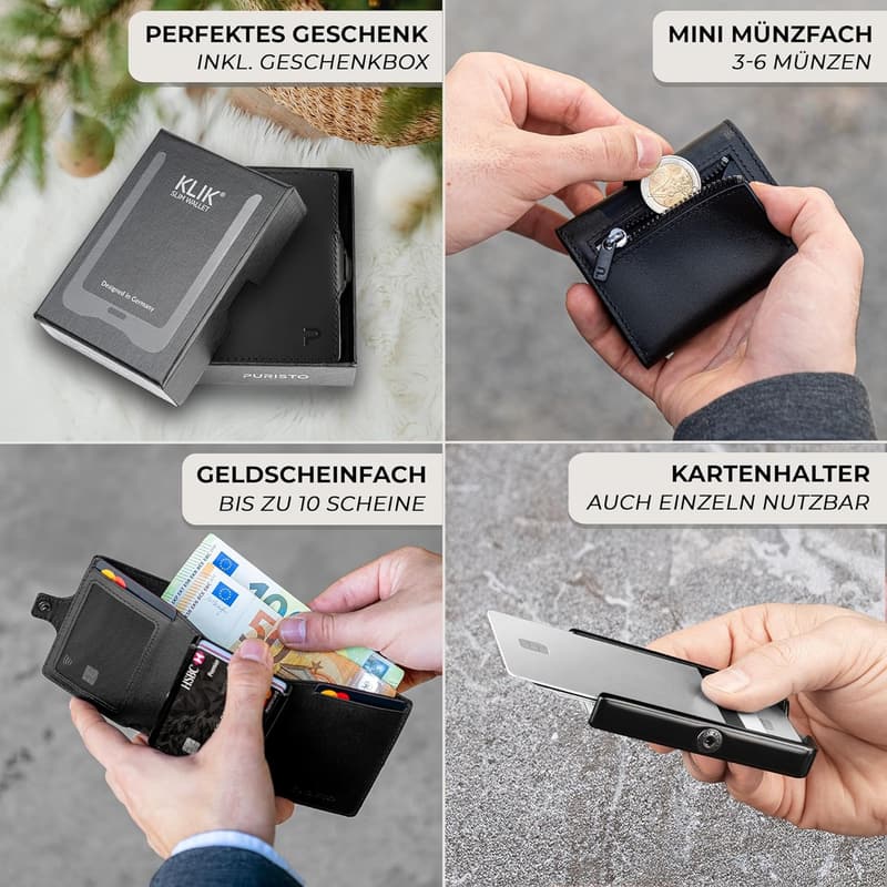 Slim Wallet aus Echtleder für Herren mit Münzfach und RFID-Schutz