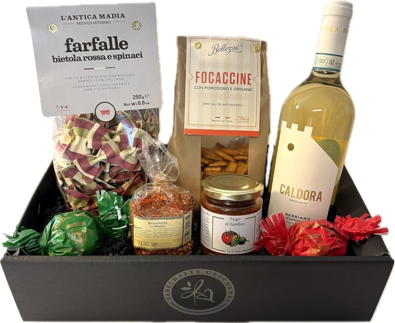 Italienischer Abend: Präsentkorb mit Wein, Pasta und Amaretti