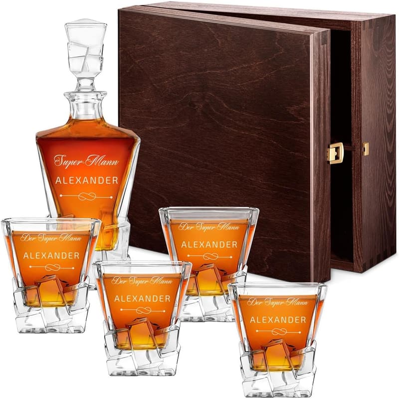 Luxuriöse Whisky Karaffe mit Gravur + 2 Whiskygläser, 950 ml, Kristallglas, für Männer zum Geburtstag