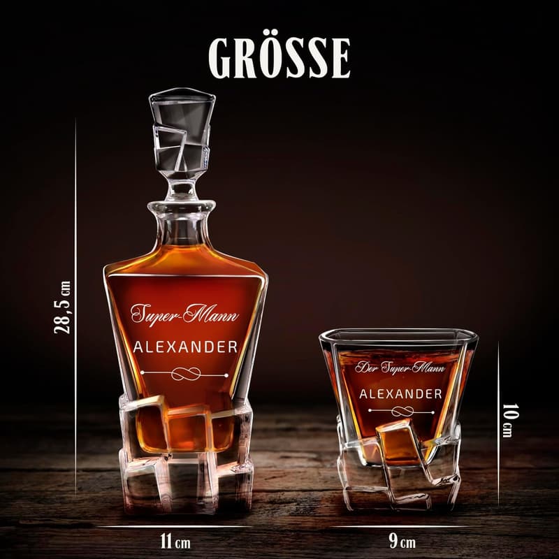Luxuriöse Whisky Karaffe mit Gravur + 2 Whiskygläser, 950 ml, Kristallglas, für Männer zum Geburtstag
