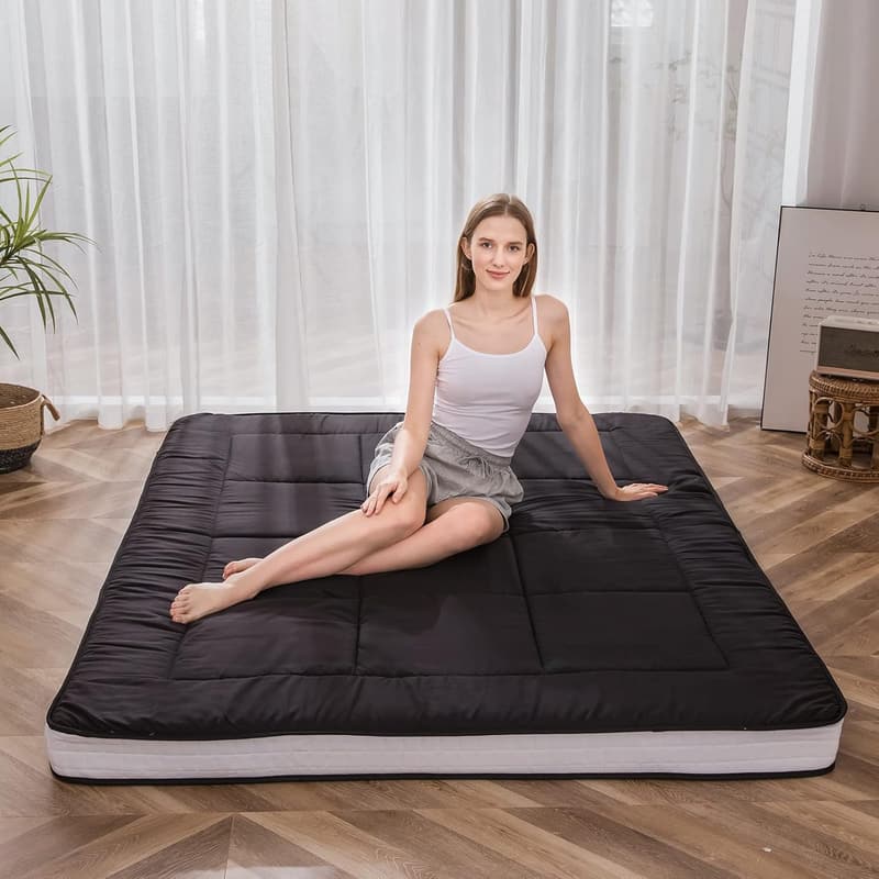 Gepolsterte Futonmatratze für Gäste, extra dick, klappbar, atmungsaktiv (Schwarz, Kingsize)
