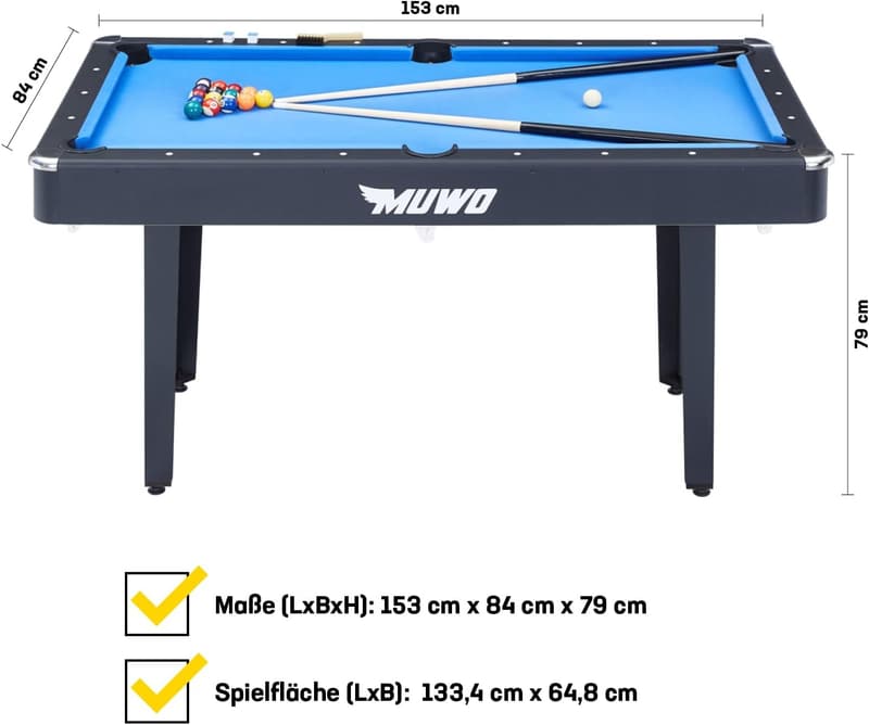 MUWO Billardtisch 153 cm inkl. Kugeln, Queues und Zubehör