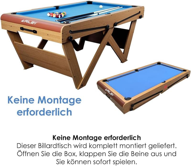 Snooker- und Billardtisch 1,8 m, W-Bein, komplett spielbereit
